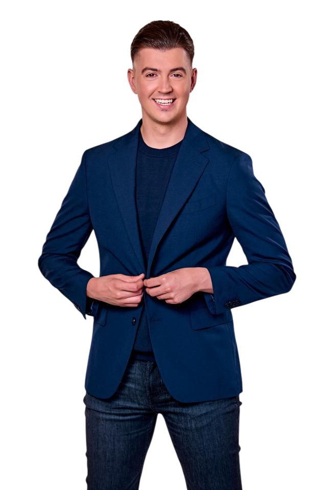 Portret van Manuel in blauw colbert